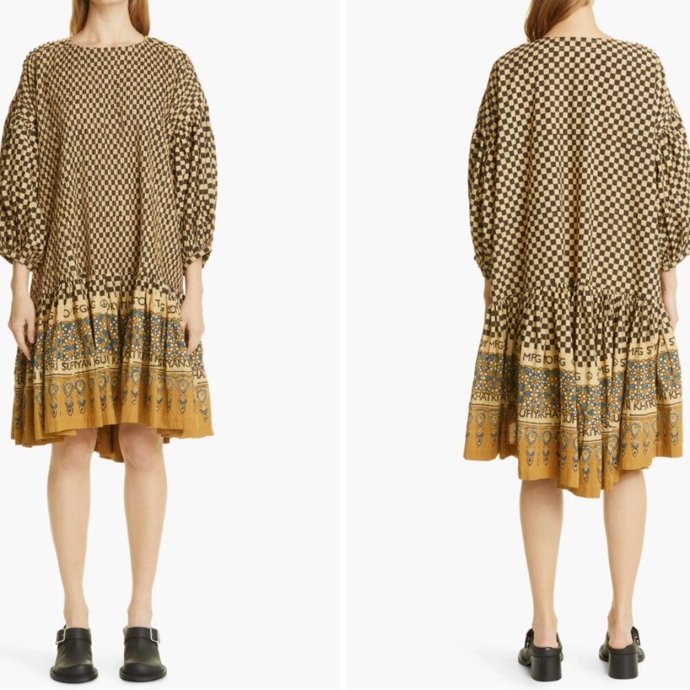 Story MFG. Verity Check Balloon Sleeve Organic Cotton Dress